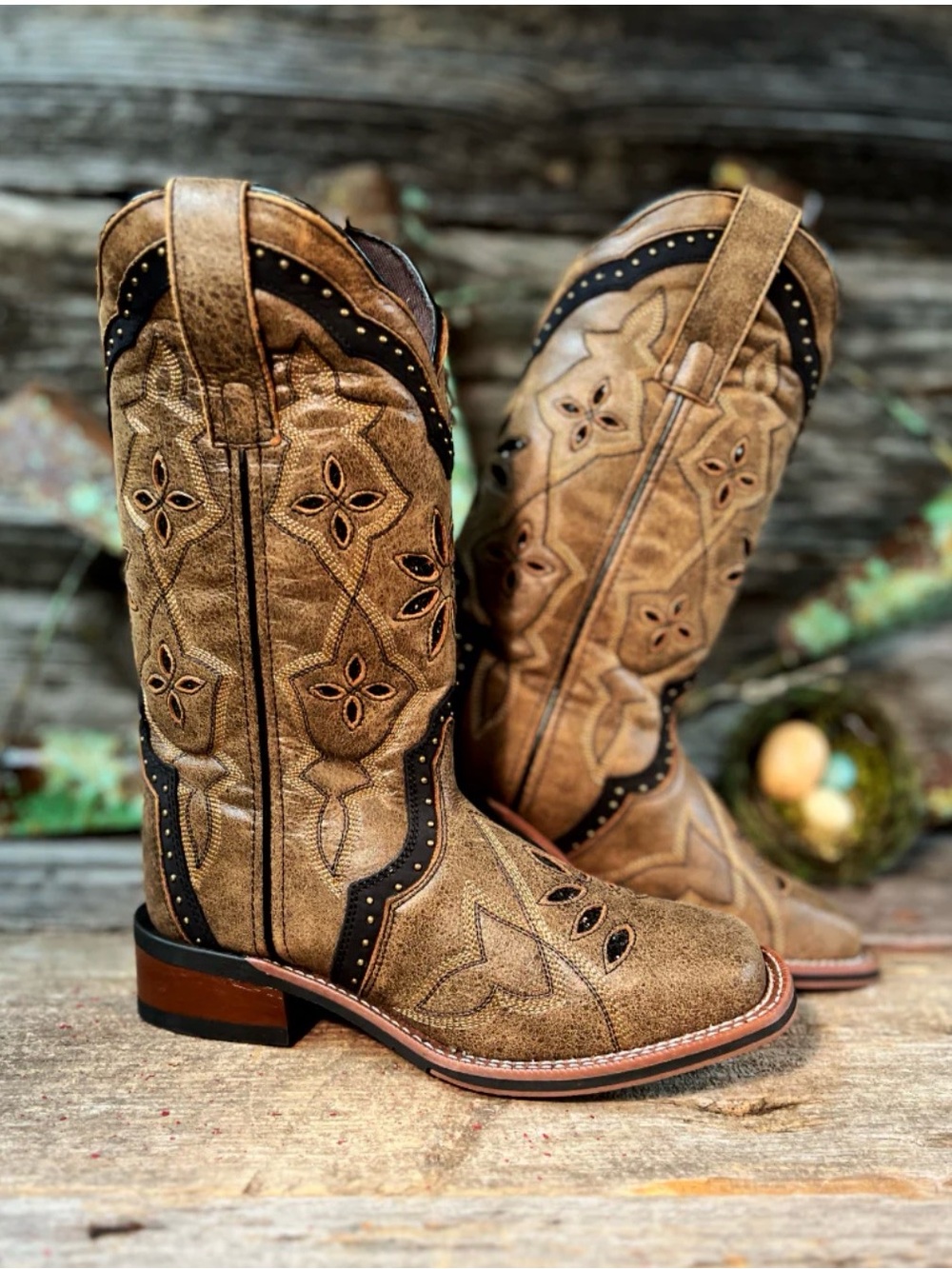 Laredo Tan and Brown Western Cowboy Boots with Embroidered Stitching